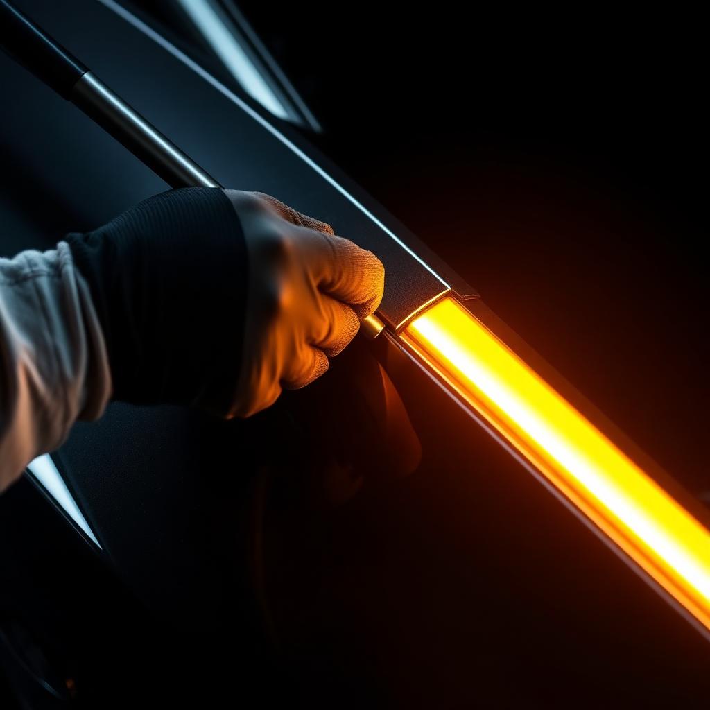 Paintless dent repair technician removing hail damage from a car panel
